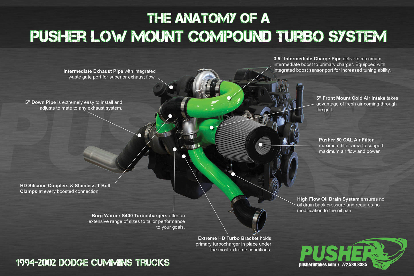 Pusher Low Mount Compound Turbo System for 1994-1998 Dodge Cummins 12v Trucks